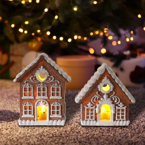Braxio Gingerbread House Kit - 2PCS Miniature LED Light Decor for Indoor Home | 3 Inch Resin Houses