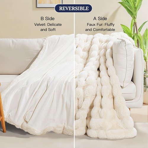 NEXHOME PRO Faux Fur Throw Blanket, Ultra Soft Cozy Warm Fuzzy Fluffy Plush Reversible Blanket for Couch, Sofa, Bed, Home Decor Gift, Beige 5060