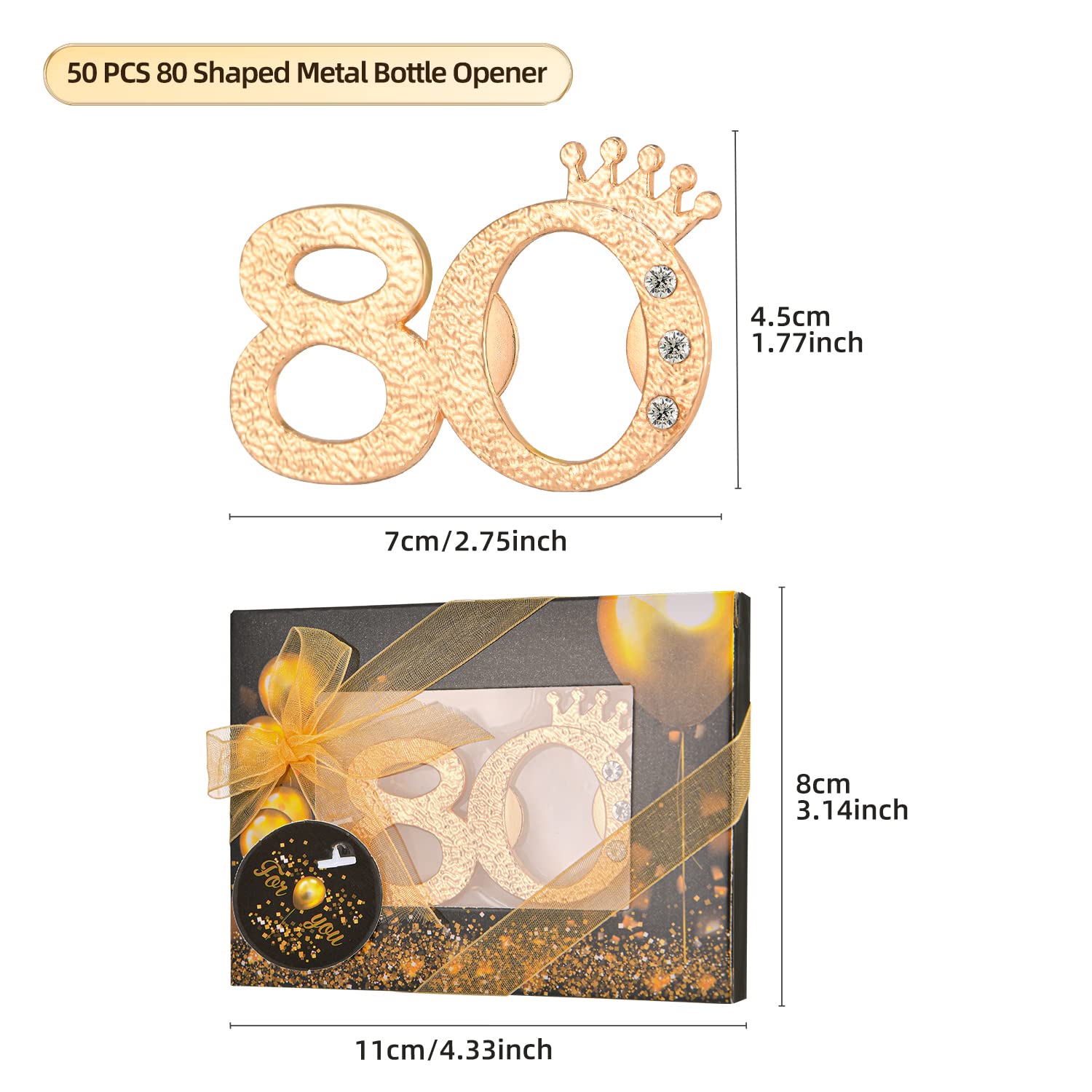 KaGrbves 50 Packs 80 Bottle Openers for 80th Birthday Party Favors Gifts or Souvenirs for Guests 80th Wedding Anniversary Party Favor Gold and Black Theme Party Decorations (80)