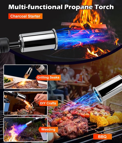Powerful Propane Torch Gun with One-Touch Max Fire, Adjustable Flame Thrower Torch Charcoal Wood Campfire with Safety Lock, Cooking Blow Torch for Searing Steak, BBQ, Grill, (Tank Not Included)