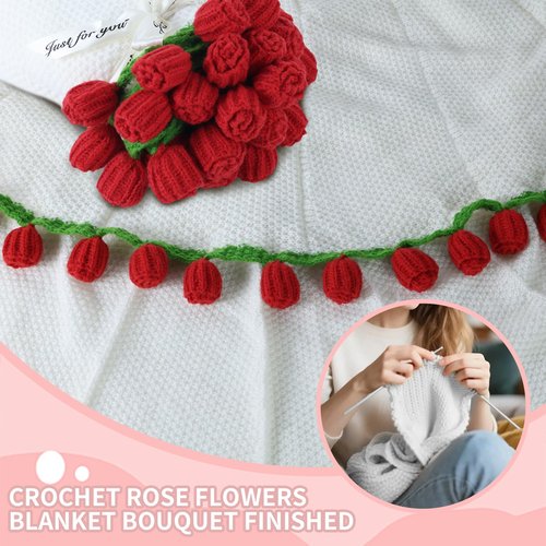 Lomxene Handmade Roses Flower Bouquet Blanket Crochet Red Flowers and Green Lace for Birthday Wedding Valentines Day Home Decor (Red 52 Roses - Finished)