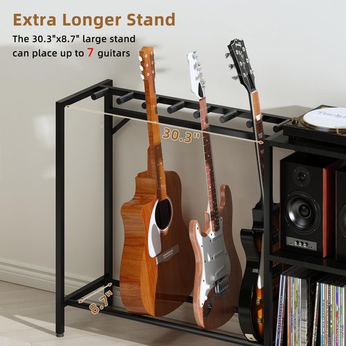 ZHNSYDN Record Player Stand with Guitar Stand, Record Player Table with Guitar Rack, Guitar Holder 7 Space for Multiple Guitars, Bass, Acoustic, Guitar Display for Home Music Studio, Black