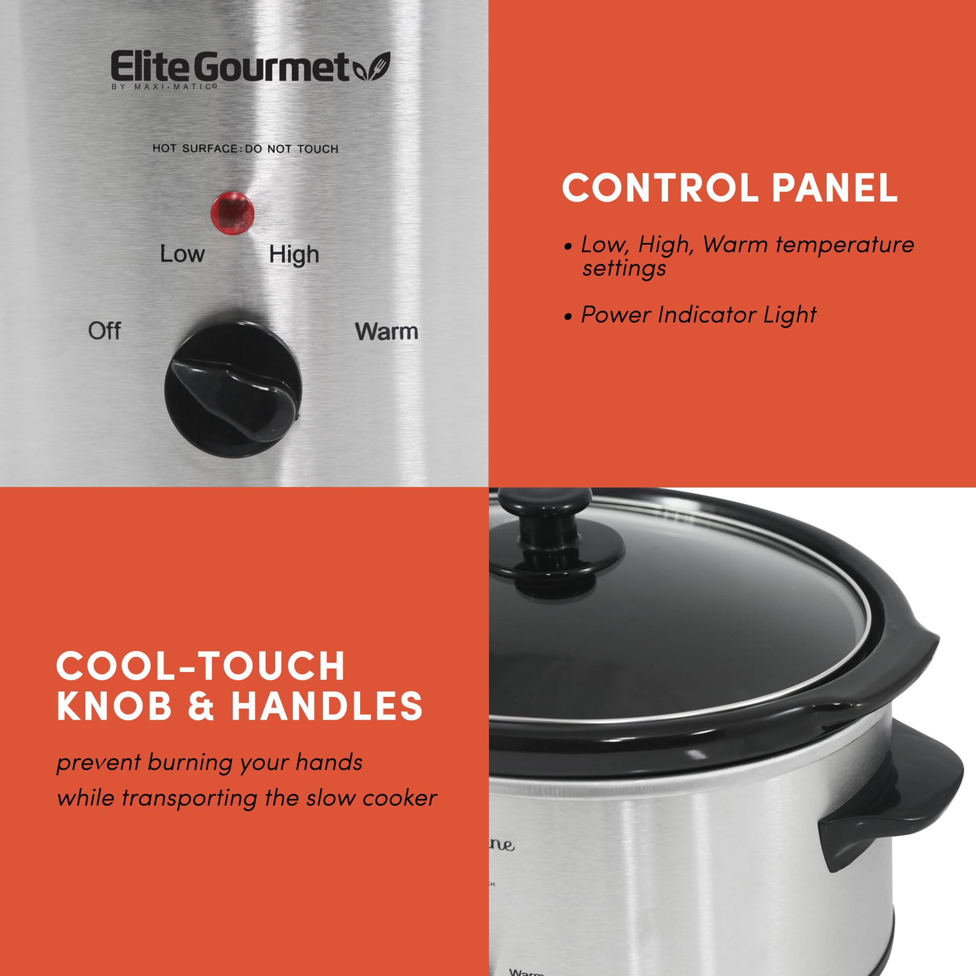 Elite Gourmet MST-500D Electric Slow Cooker, Includes 0.75-Quart Dipper with Adjustable Temp, Entrees, Sauces, Stews & Dips, Dishwasher Safe Glass Lid & Crock, 5 Quart, Stainless Steel