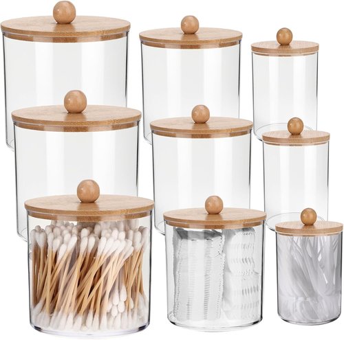 Meanplan Apothecary Jars - Clear Plastic Storage with Lids | 10/22/39 oz Sizes for Bathroom Organization (9 Pack)