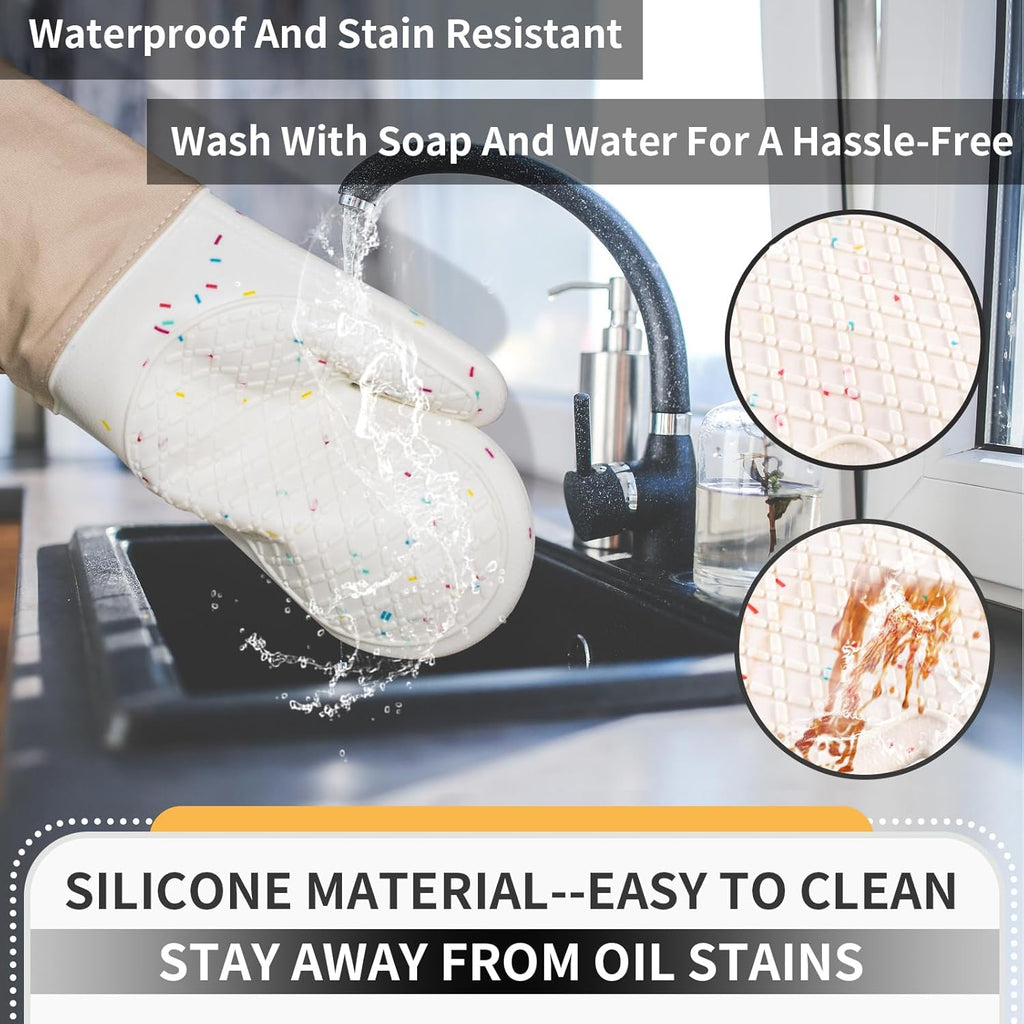 Skiennix Oven Mitts - Cute & Heat Resistant Up to 500°F - Washable Silicone Cooking Gloves (Cream)