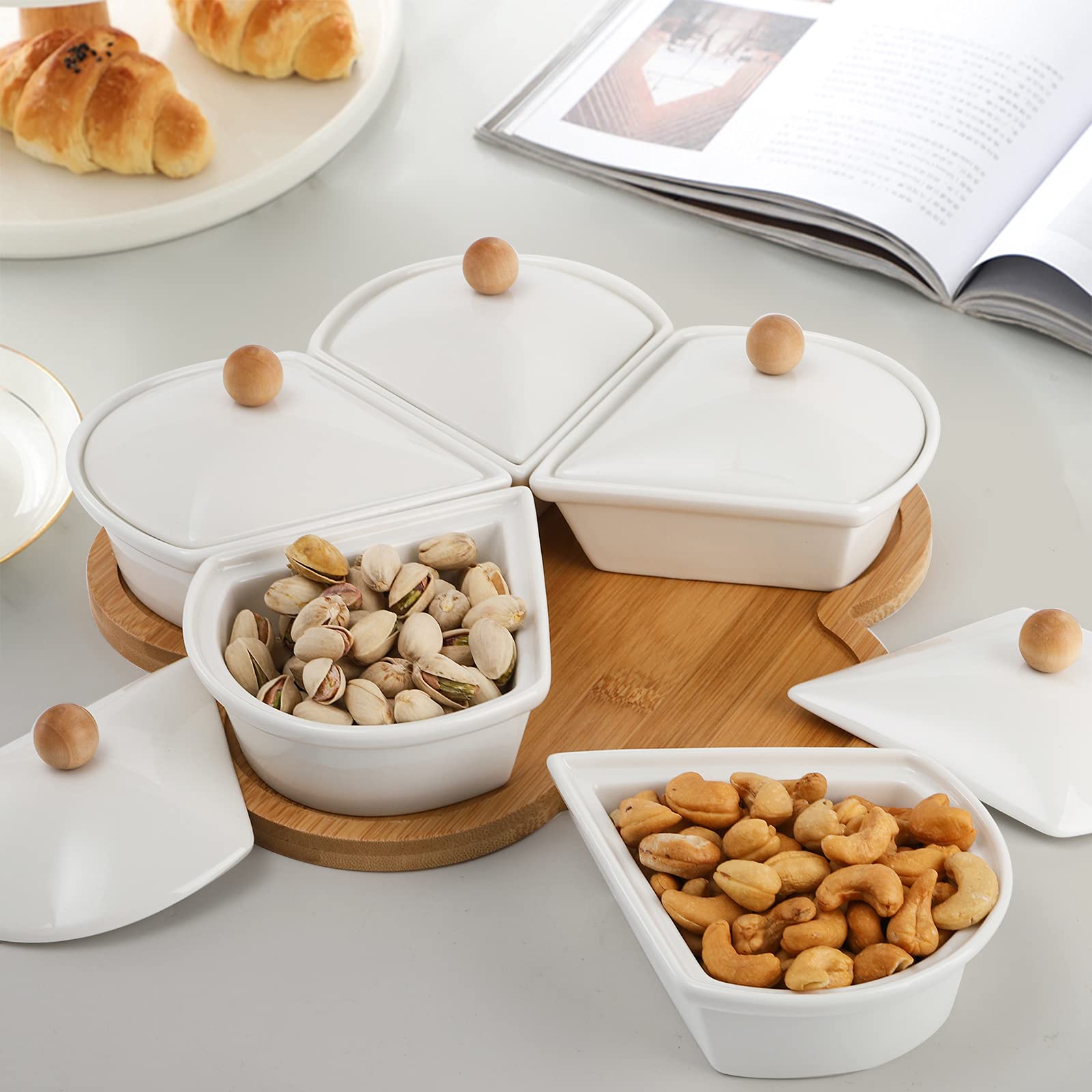 yarlung Ceramic Divided Serving Dishes with Lids and Bamboo Platter, 5 Removable Dipping Bowls Relish Tray Nuts Dishes for Appetizer, Chips, Fruits, Candy, Condiment