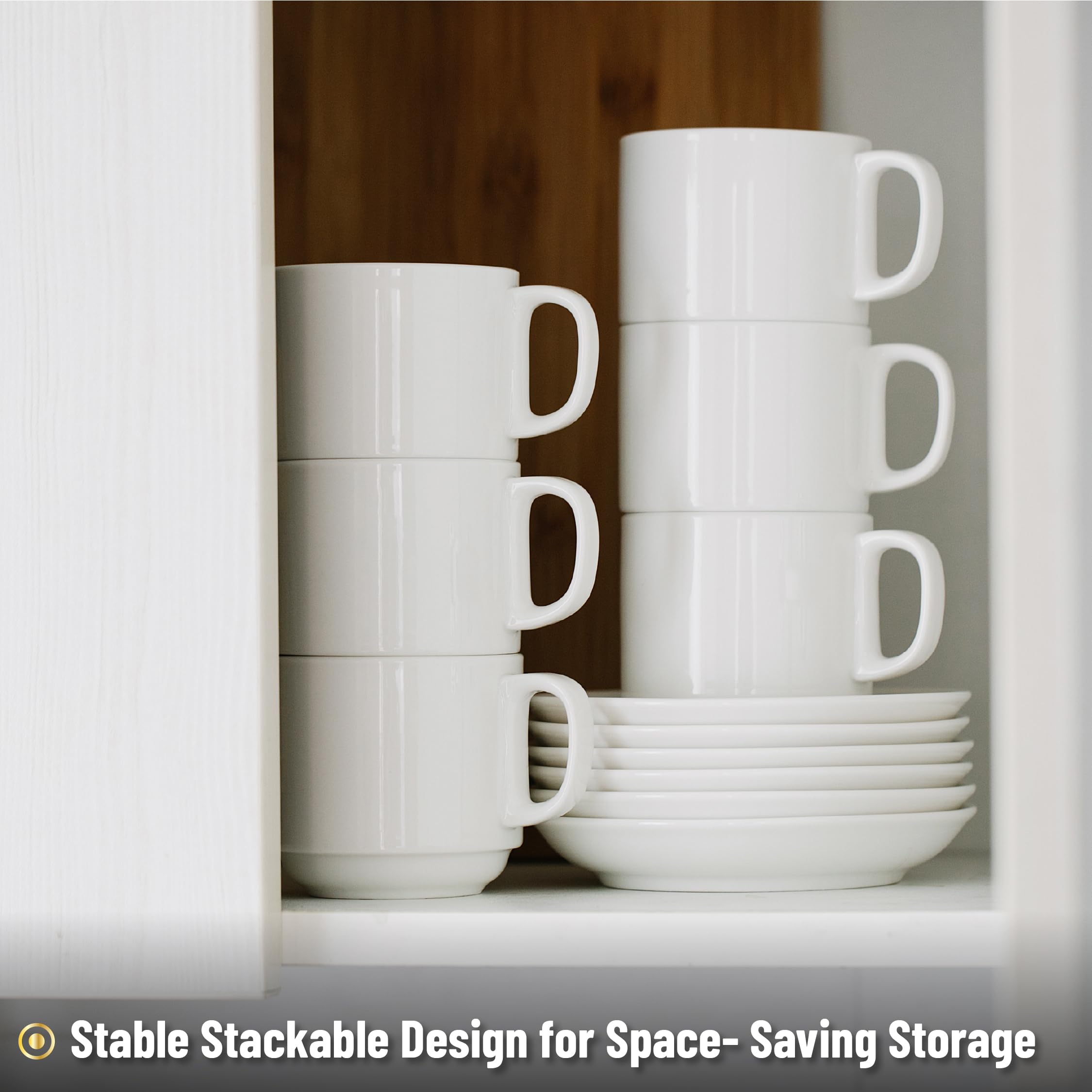 BTaT- Stackable Tea Cups and Saucers, White, Set of 6 (8 oz), Cappuccino Cups, British Coffee Cups, Porcelain Tea Set
