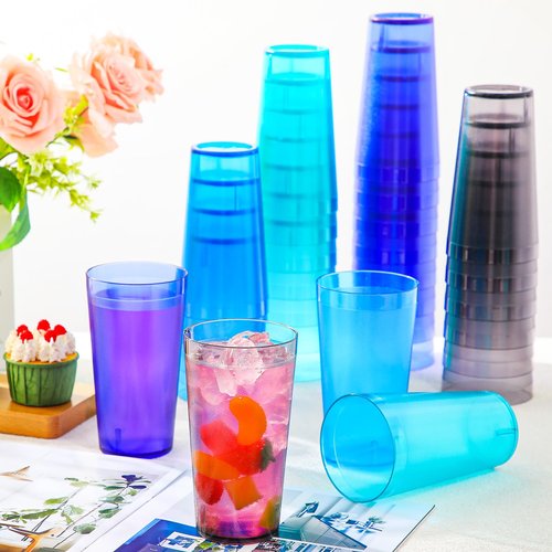 Norme 48 Pcs Plastic Restaurant Tumblers Plastic Reusable Cups Stackable Drinking Glass Dishwasher Safe Tumblers in 4 Coastal Colors for Kitchen Water(16oz)