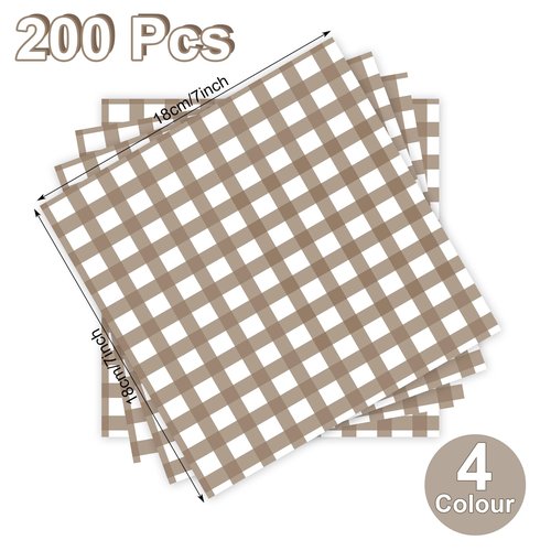 Honeydak 200 Pcs Checkered Wax Paper Sheets 7 x 7 Inch Checkered Deli Paper Sheets Food Basket Liners for Sandwich Burger Greaseproof Food Wrapping, Outdoor Picnic Disposable Serving (Brown)