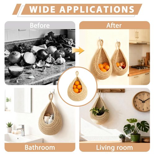 Big Wall Hanging Mounted Fruit and Vegetable Baskets (16in×13in) for Kitchen,3 Pack Boho Storage Baskets with Handwoven Large Strong Hooks for Organizing Potato Onion etc. Plants Decor Organizer.