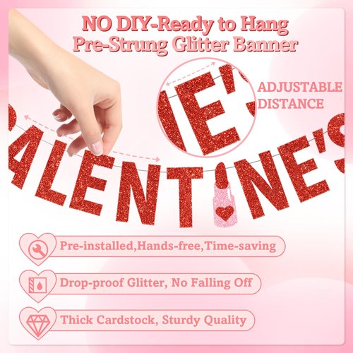 4Pcs Pre-Strung Galentine's Gang Banner, Heart Shaped Banners, Red, 0.2" x 0.2", Indoor, Wall Mount, Standard Banner, Galentine's Day, Home, Room Decorations