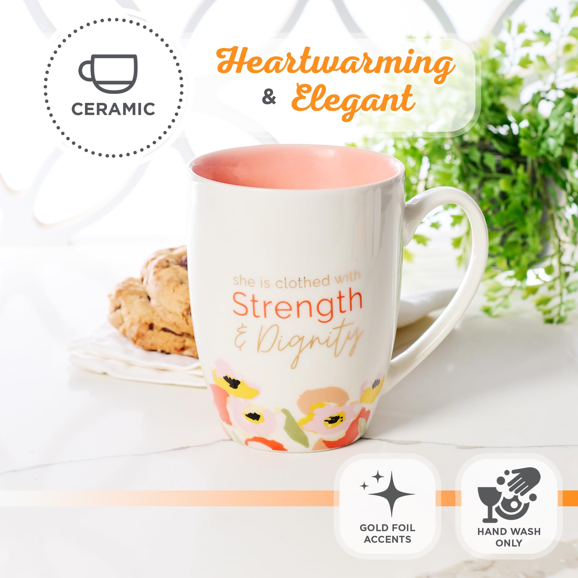 Strength and Dignity Peach Poppy Ceramic Coffee Mug - Proverbs 31:25