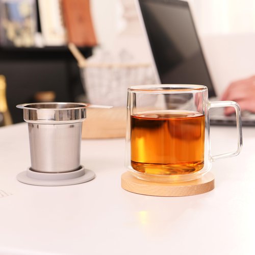 CNGLASS 12oz Double Walled Glass Tea Cup with Stainless Steel Infuser and Lid,Borosilicate Glass Tea Infuser Mug for Loose Tea,Teabag,Set of 1