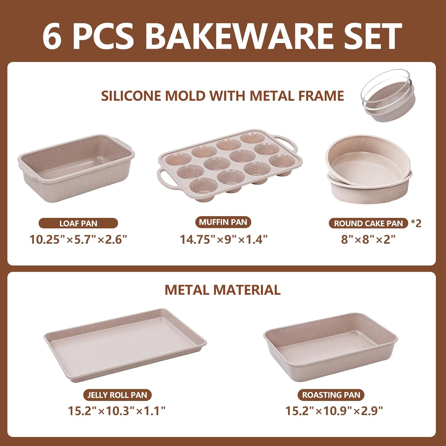 Vinino Nonstick 6-Piece Baking Pans Set - Silicone Muffin, Loaf & Cake Pans with Metal Reinforcement | Carbon Steel Roasting Pan & Cookie Sheet