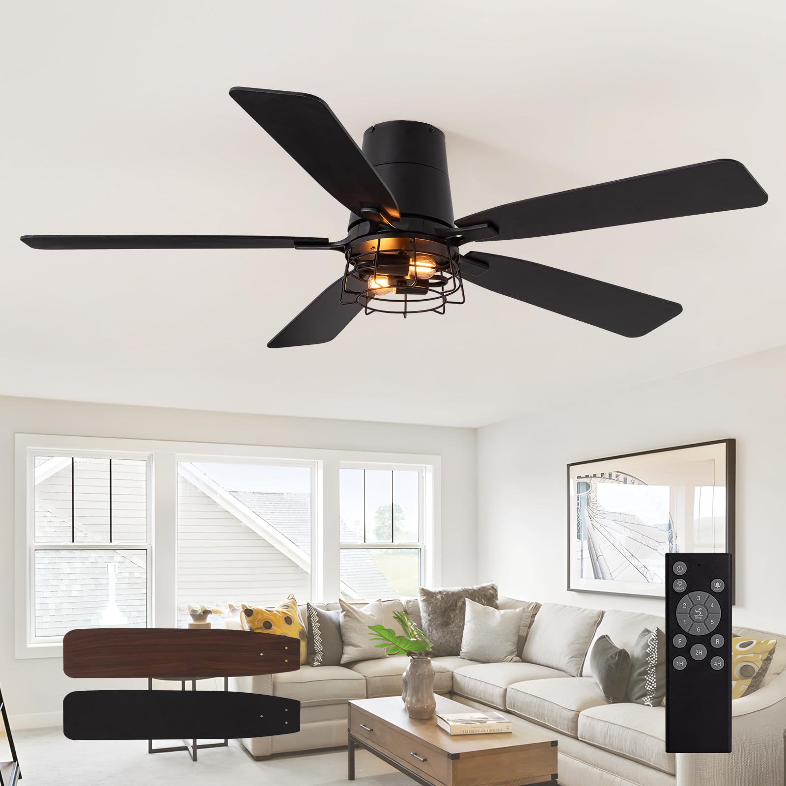 SPACORA 52 Inch Ceiling Fans with Lights, Farmhouse Ceiling Fan with Lights and Remote, Noiseless DC Motor, Black Flush Mount Ceiling Fan for Bedroom Living Room Indoor
