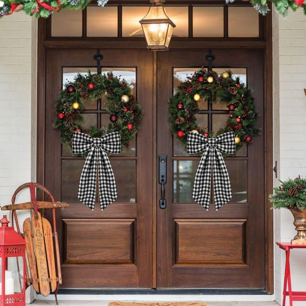 Skiennix 2 Pack Wreath Sash - Stylish Boxwood Garland for Front Door Decor | White & Black Plaid