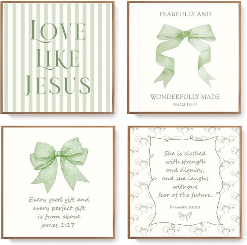 LARTSFRO Coquette Wall Art Decor - Sage Green Bow Inspirational Bible Verses | Set of 4 Unframed 10x10 Inch Pictures