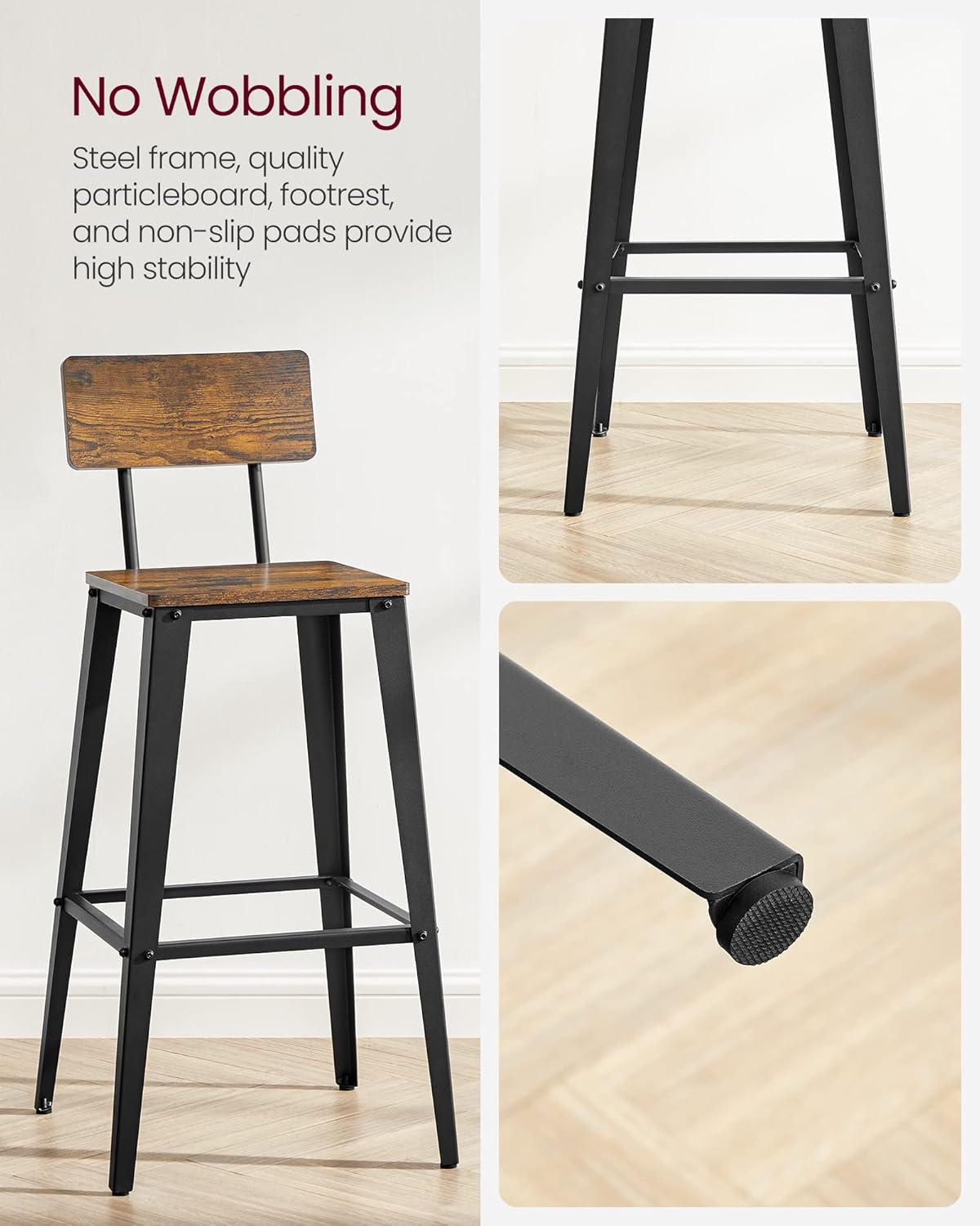 VASAGLE Bar Stools Set of 2 - 29.1-Inch Tall Industrial Style Chairs with Back | Rustic Brown & Ink Black