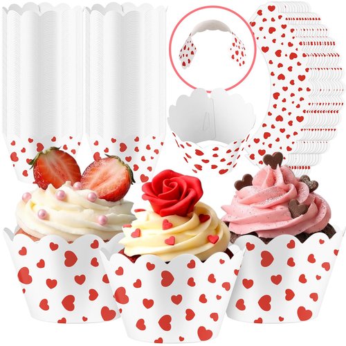 Domensi 100 Pcs Red Heart Cupcake Wrappers Rustic Cupcake Liners Red Baking Cups Baking Liners for Mother's Day Wedding Bridal Baby Shower Birthday Party Supplies Dessert Decoration