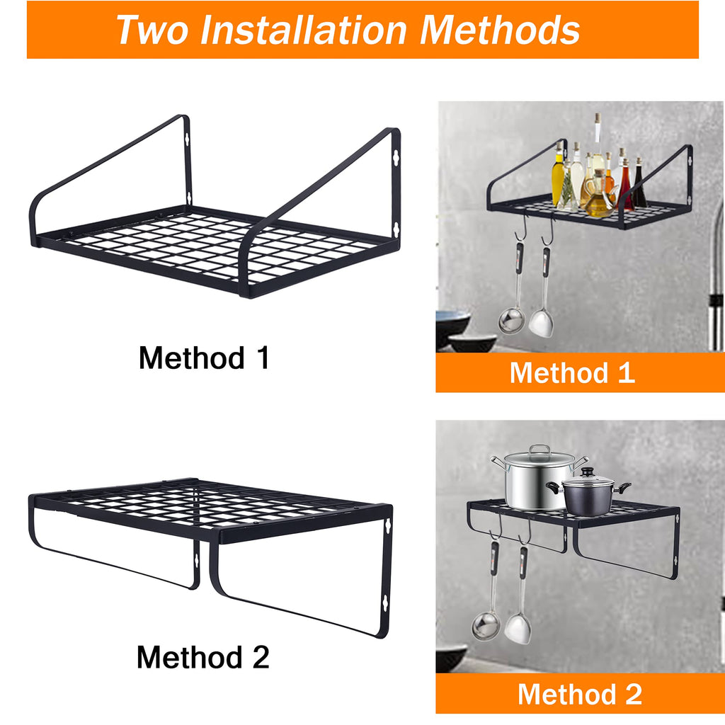 ZHOHO TANT Pot and Pan Hanger, Wall Mounted Pots and Pan Hanging Rack with 8 Hooks for Kitchen Cookware Utensils 2 DIY Methods Black Steel Hanging Pot Rack