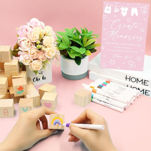 ZCPTZ 97 Pcs Pink Baby Shower Games Sign Kit,Including Decorate a Block Game Sign 72 DIY Blank Wooden Block 24 Pen to Draw Your Idea for Baby Shower Game Gender Reveal Party