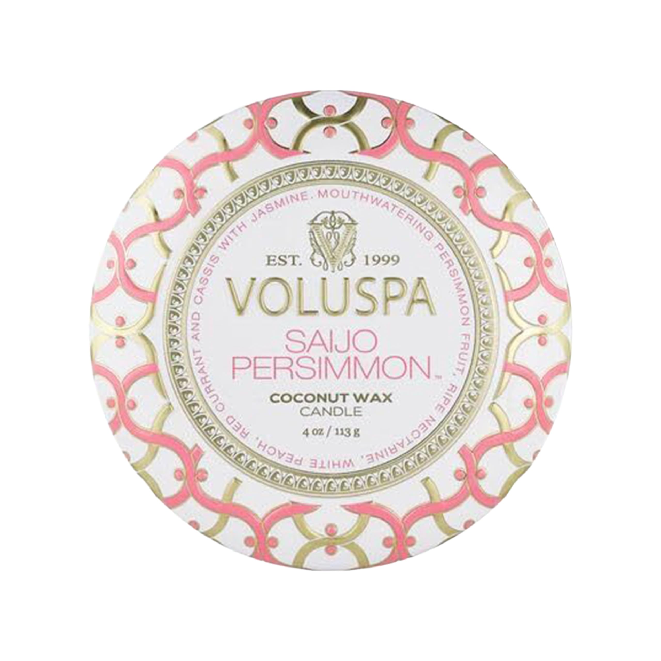 Voluspa Saijo Persimmon, Mini Tin Candle, 4 Ounce, 25 Hour Burn Time, Coconut Wax for Clean Burning, Handcrafted in The USA