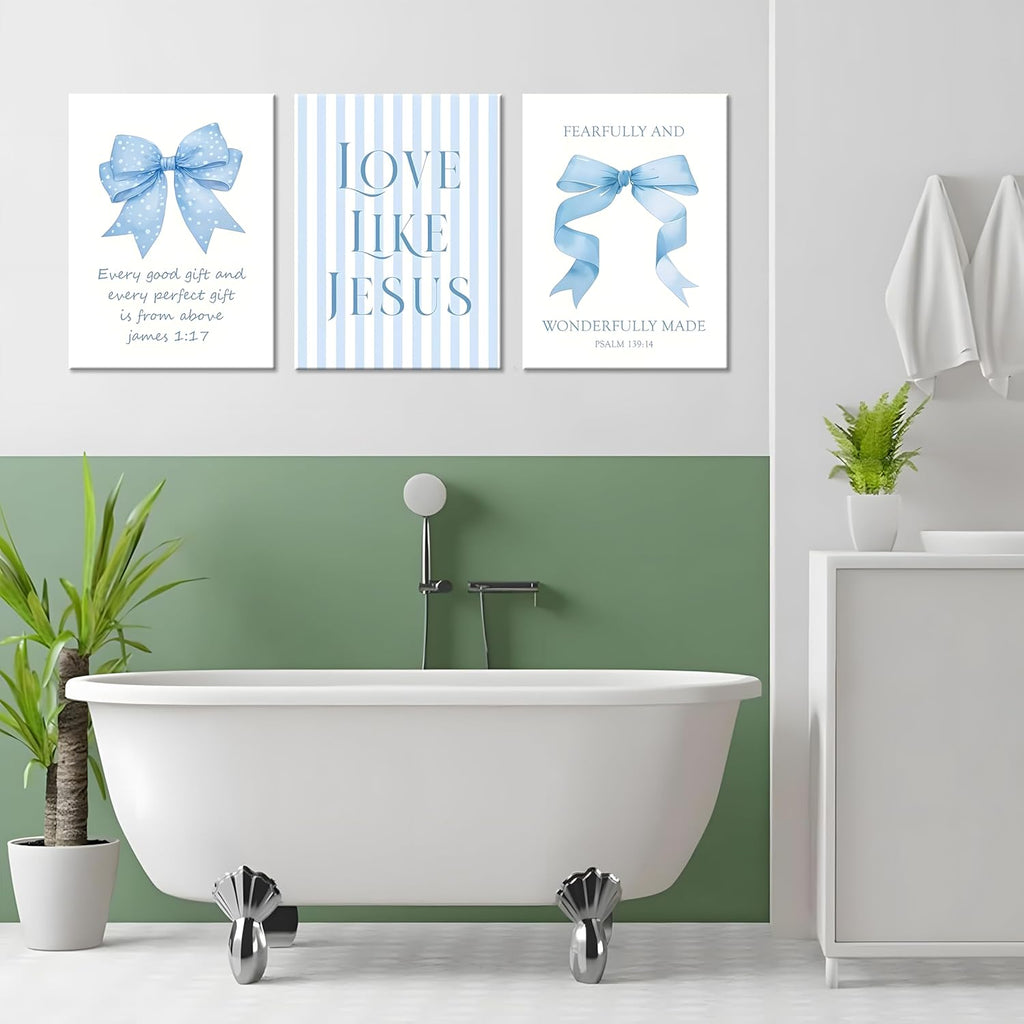 Blue Bow Jesus Canvas Wall Art - Inspirational Bible Verse Decor for Dorm Room | 12x16 Inch Framed