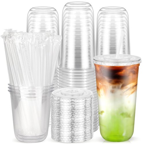 100PCS 20 oz Disposable Plastic Cups with Flat Lids and Clear Straws, Round Bottom To Go Iced Coffee Cups, BPA Free Holiday Cups for Smoothies, Cold Drinks, Coffee Shop, Juice Bars, Christmas Party