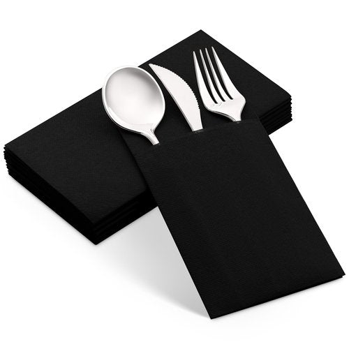 100-Pack Disposable Napkins With Pocket For Flatware, Black Napkins Paper For Wedding, Dinner Or Party, Built-In Pocket For Silverware, Prefolded