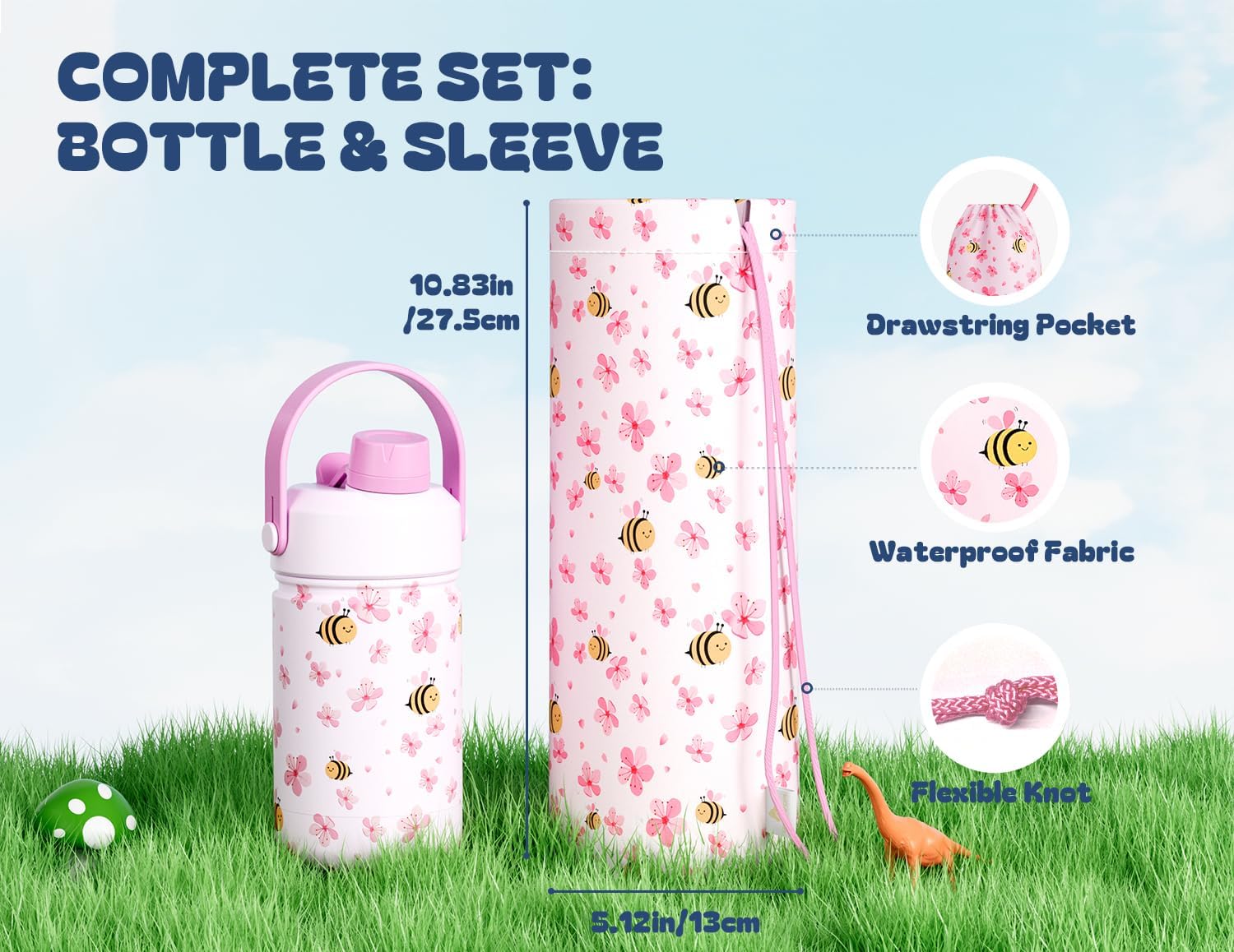 Skiennix 12 oz Kids Stainless Steel Water Bottle - Leakproof 2-in-1 Straw Lid, BPA-Free, Cute Bee Design