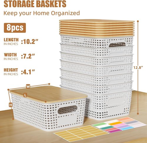 8 Pack Plastic Storage Bins by [Brand Name] - Stackable Baskets with Bamboo Lids for Organized Pantry & Office