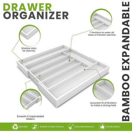 Utopia Kitchen Expandable Bamboo Utensil Drawer Organizer, Silverware Organizer for Cutlery, Flatware Holder (5-7 Slots, White) - Pack of 1