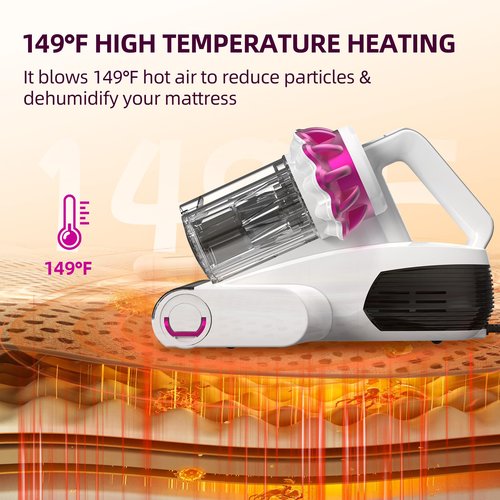 Kimdog Mattress Vacuum Cleaner - 18Kpa Bed Vacuum with LED Display, 253.7nm UV-C Light, 149°F Heat Ultrasonic & Hepa Filter, Handheld Couch Cleaner with 3L Dust Cup for Pet Carpet Sofa Hair (Corded)