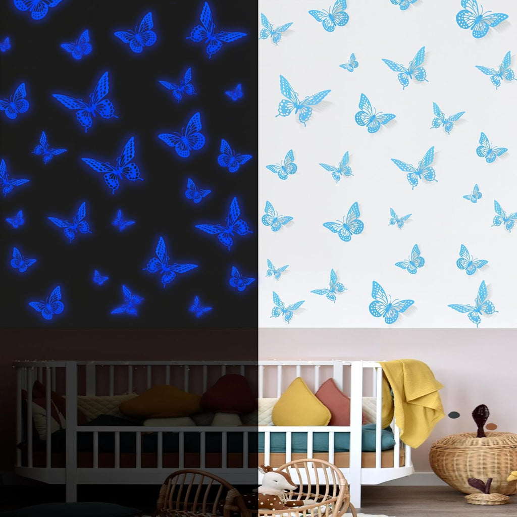 SAOROPEB Glow In The Dark Butterfly Stickers - 24 Pcs in 3 Sizes for Ceiling & Wall Decor | Luminous Kids' Nursery Decor (Blue)
