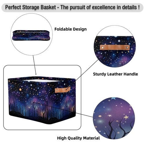 HSYOYO Galaxy Night Forest Storage Basket with Handles Collapsible Storage Bins Rectangular Toy Storage Organizer Box Fabric Shelf Baskets for Nursery Bedroom Bathroom 1PC