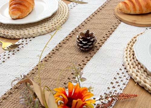 FEXIA Boho Table Runner for Home Decor with Out Tassels 72 Inches Long Farmhouse Rustic Table Runner Macrame Burlap Table Decoration for Living Room Bridal Shower(12x72 Inches)
