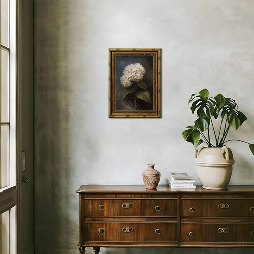 Framed White Hydrangea Oil Wall Art - Vintage Floral Canvas Print for Living Room | 12x16in