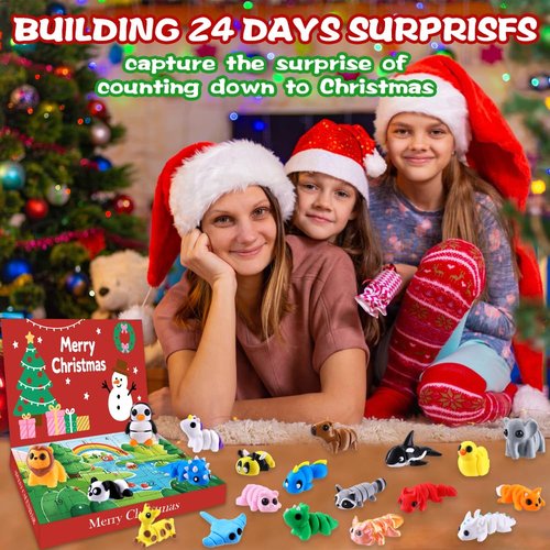 JOICEE 2025 Christmas Advent Calendar with Mini 3D Print Animals, 24 Days Mini Animal Figurines Toys Set Xmas Articulated Flexible Fidget Gifts for Kids Boys Girls Christmas Party Favors