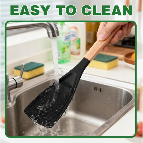 Silicone Spatula Spoon, Cedar and Ash Spoonula, Multifunction Spatula Cooking Spoon for Nonstick Cookwares with Lengthed Wooden Handle, for Mixing, Scoop, and Scrape (2 Black)