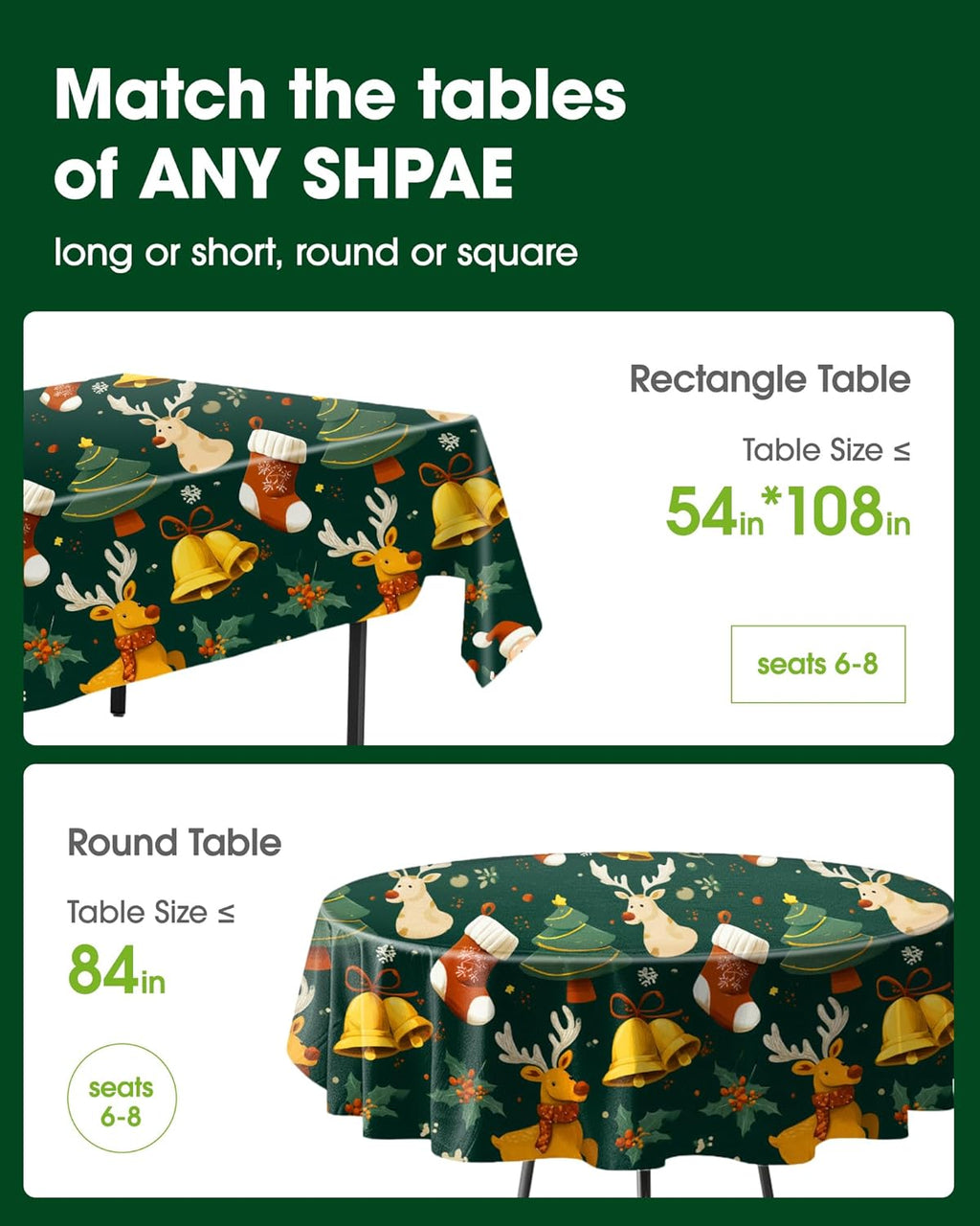 Pureegg Disposable Plastic Tablecloths - Sturdy Leakproof Covers for Parties & Weddings | 54 x 108 Inch, Christmas Green (8 Pack)