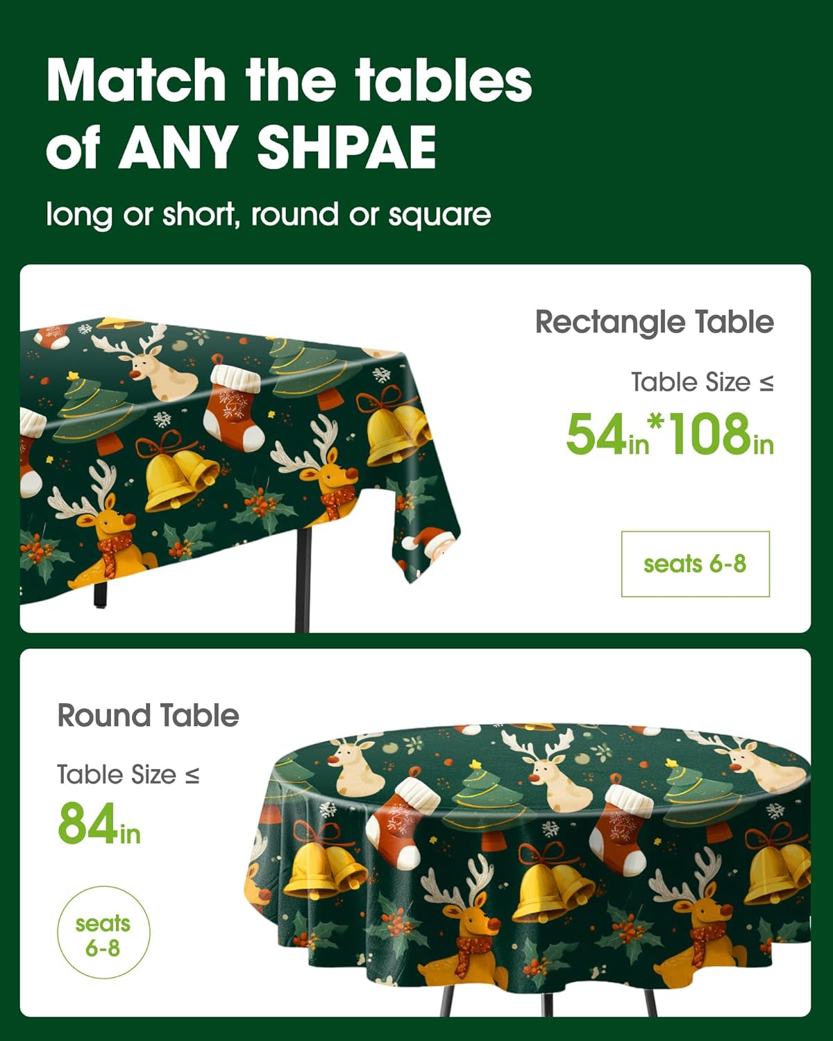 Pureegg Disposable Plastic Tablecloths - Sturdy Leakproof Covers for Parties & Weddings | 54 x 108 Inch, Christmas Green (8 Pack)