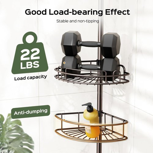 HAMITOR Corner Shower Caddy - 4-Tier Rust-Resistant Adjustable Organizer | No-Drill Quick Install - 47-121 Inch - Bronze