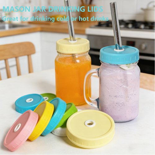Mason Jar Lids, 6 Pack Wide Mouth Mason Jar Lid with Straw Hole for Ball Caning Jar - Drinking Coffee, Smoothies, Boba-Milk Tea, Dishwasher-safe & Leak-proof