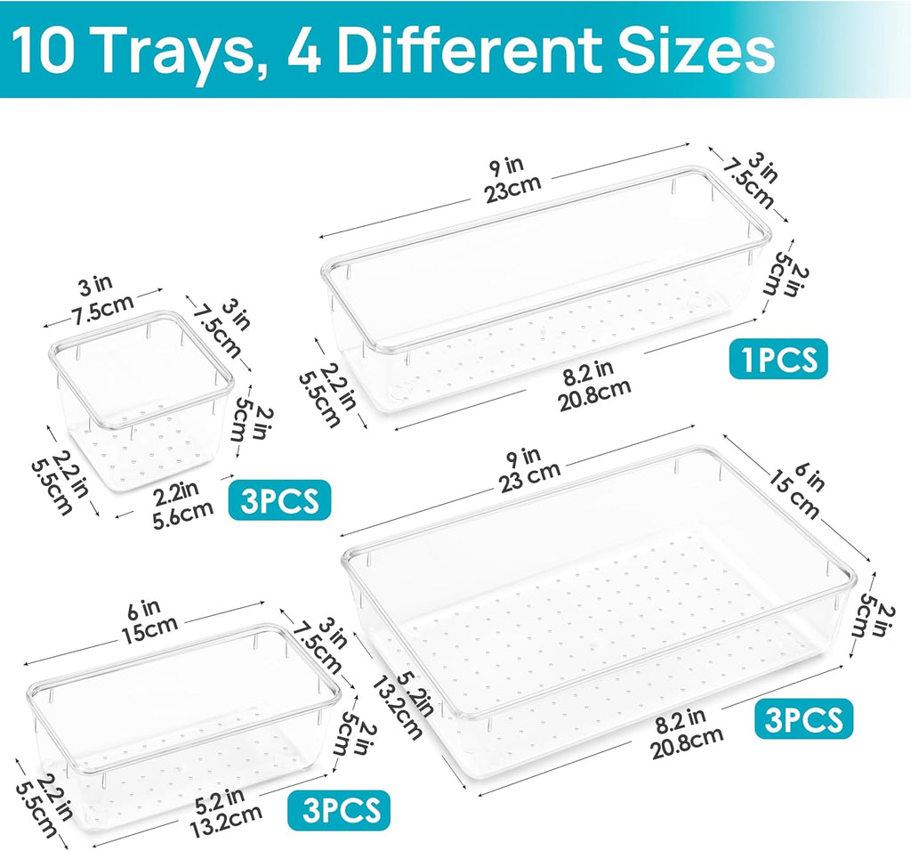 Vtopmart Makeup Drawer Organizer Set - 10 Clear Plastic Bins for Cosmetics, Jewelry & Office Supplies