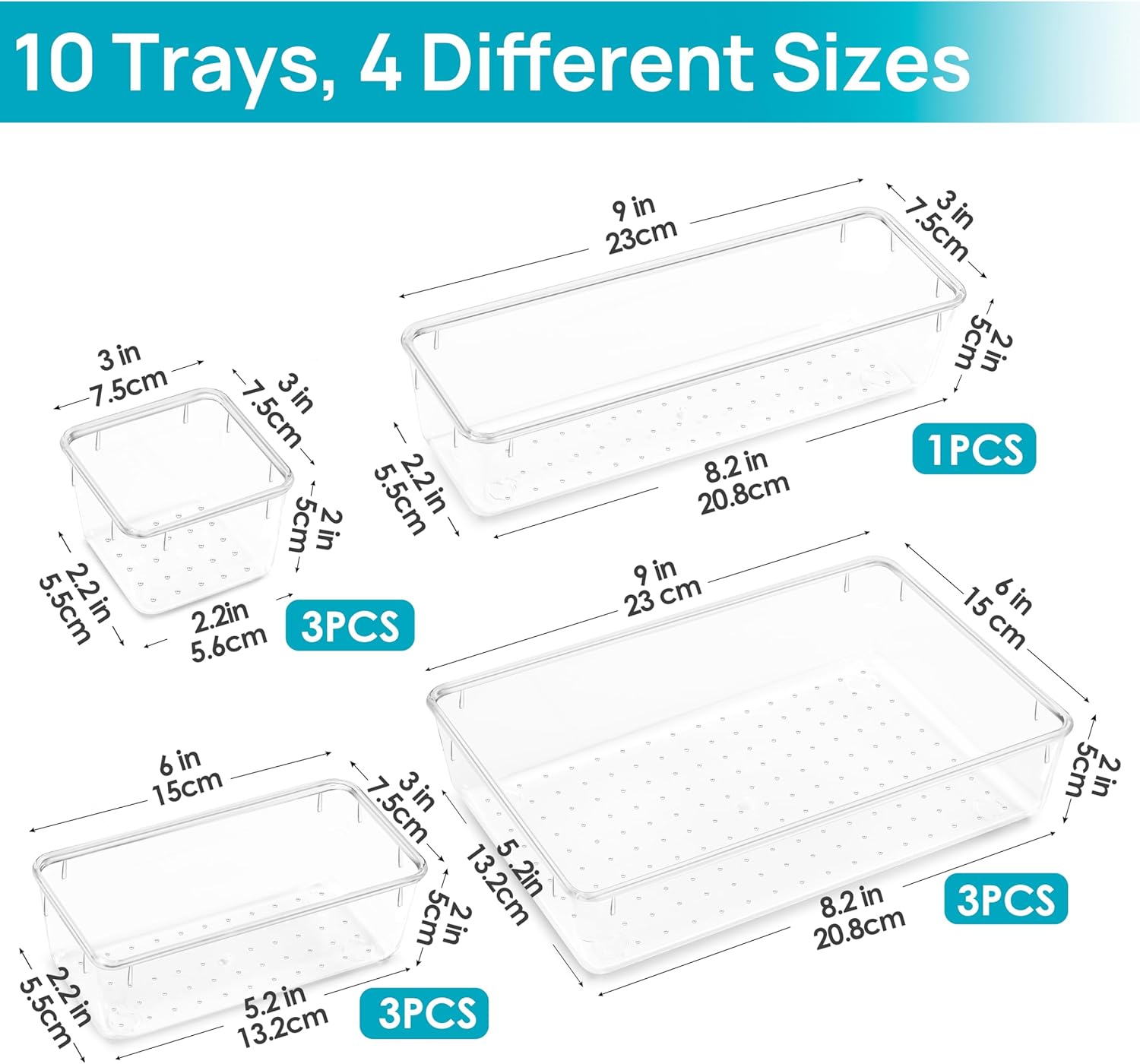 Vtopmart Makeup Drawer Organizer Set - 10 Clear Plastic Bins for Cosmetics, Jewelry & Office Supplies