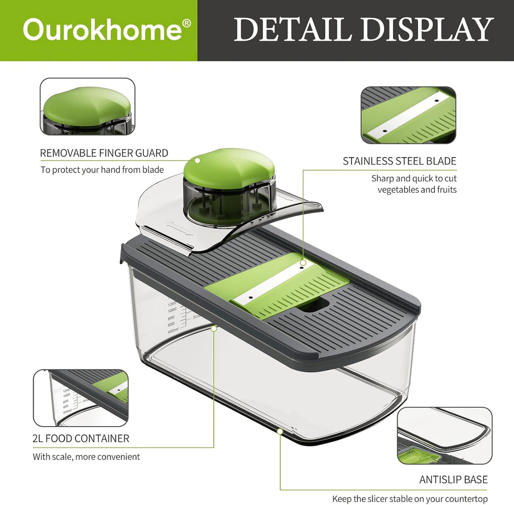 Ourokhome Mandolin Slicer - 6-in-1 Vegetable Shredder with Safety Features | Gray Color, Ideal for Potatoes, Carrots, Zucchini, and Onions