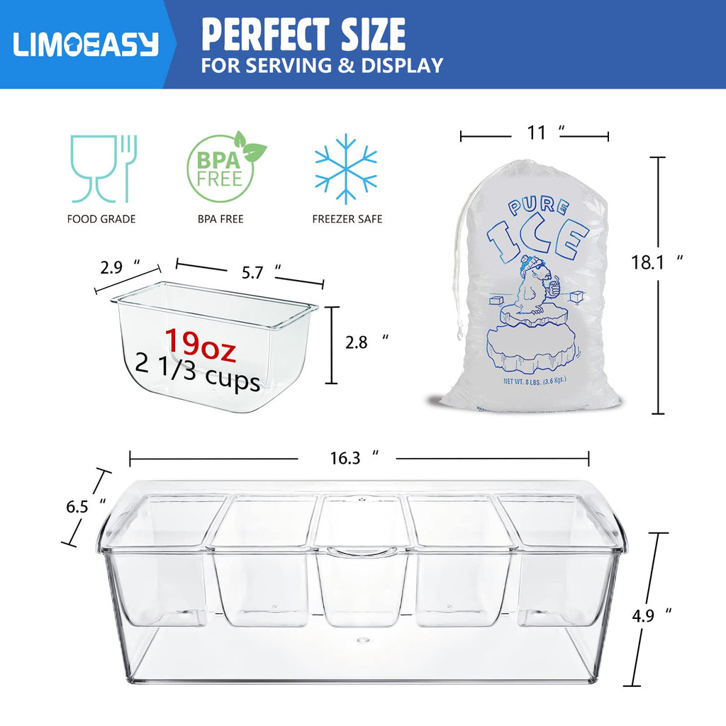LIMOEASY Chilled Condiment Server, Clear Garnish Tray with Lid for Bar for Parties with 5 Removable Compartments, Ice Serving Bowl, Serving Containers for Fruit, Caddy, Snack, Sauce