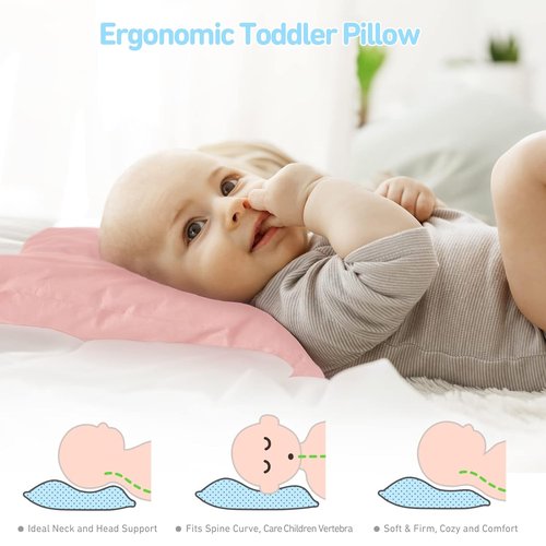 Babebay Toddler Pillow - Soft 13x18 Inch Machine Washable Pillow with Cotton Case | Pink, Ages 2-5