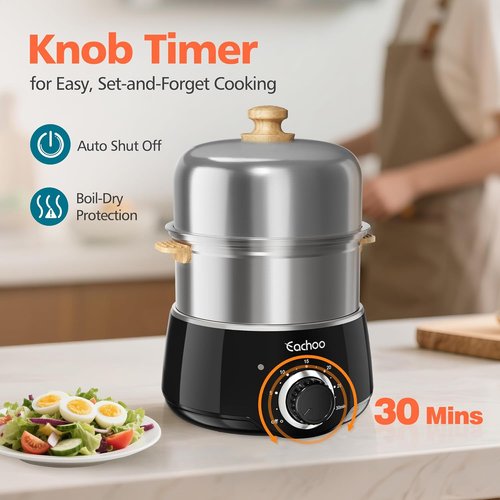 CACHOO 14-Egg Rapid Egg Cooker - Stainless Steel Boiler with Timer & Auto Shut Off | Compact & Dishwasher Safe, Black