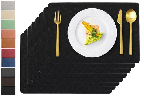 Uolr Vinyl Placemats Set of 8 Faux Leather 100% Waterproof Wipeable Washable Place Mats Heat Resistant Easy Clean Non-Slip Table Mats for Indoor Outdoor. (8,Black)
